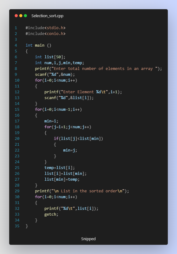 Purvesh_chow's tweet photo. #Day24 #100DaysOfCode
Project : Selection sorting
Language : C
#programming #daily #programmer #python3 #Python #javascript #cpplanguage #clanguage #ArtificialIntelligence #webdevelopment #DataScience #appdevelopment #tech #technical #girlscript #googledevs #CPP #c #DevOps https://t.co/WxmM19wBeZ