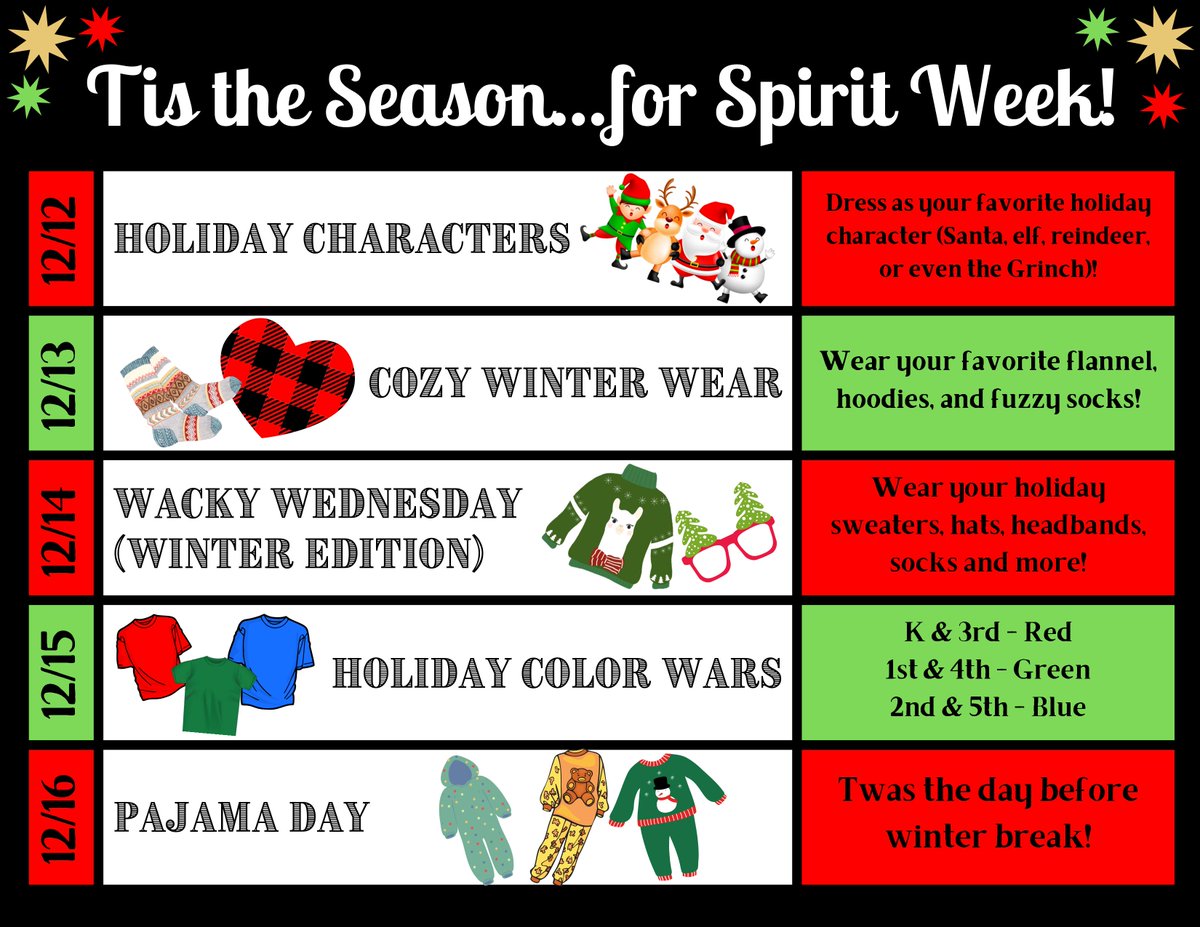 bluejaypto's tweet photo. 'Tis the season for Spirit Week and Student Council has a fun one planned for our Bluejays! ❤️💚❄️☃️ https://t.co/MX7v68jZYu