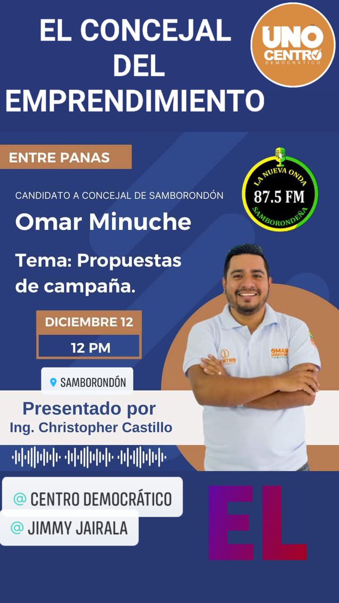 omarminuche's tweet photo. Tengo el Honor de presentar mis propuestas, con humildad y respeto a toda las personas de este Hermoso Samborondón,  y de antemano agradecer a tan prestigioso medio de comunicación Radio 87.5 "La nueva onda samborondeña" https://t.co/srNud6dk2Q