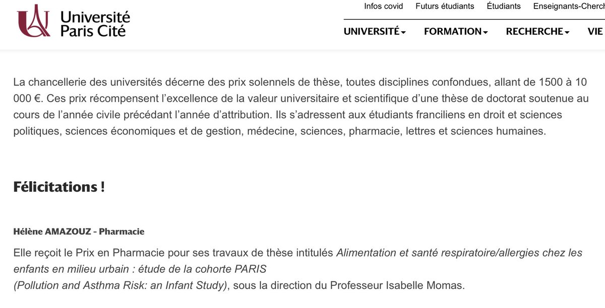 👏👏👏👏 BRAVO!! à Hélène AMAZOUZ ancienne doctorante <a href="/CRESS_U1153/">CRESS_UMR1153</a> qui a obtenu le Prix de thèse en pharmacie de la chancellerie des universités 👏🍾🏆
<a href="/univ_paris_cite/">Université Paris Cité</a> <a href="/univ_spn/">Université Sorbonne Paris Nord</a> <a href="/Inserm/">Inserm</a> <a href="/INRAE_France/">INRAE</a>