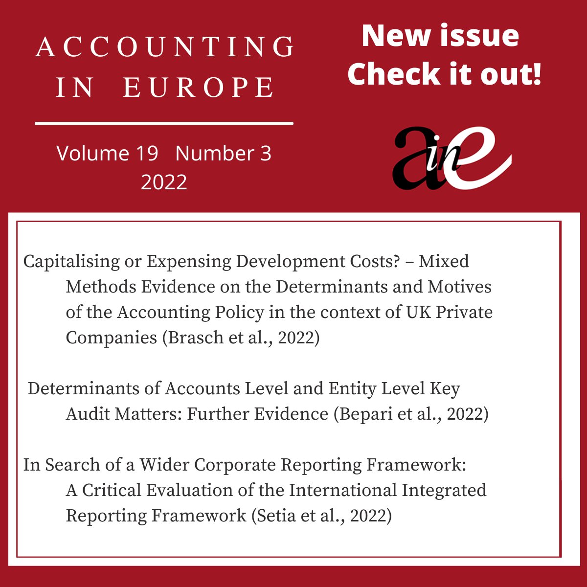 AIE_Journal_EAA's tweet photo. 🆕New Special Issue of AiE released! Volume 19, Number 3, 2022.
➡️https://t.co/zTwvxtXe0F
#accounting #accountingineurope #aie #eaa #auditing #iasb #development #cost #kam #keyauditmatters #iirs #intergratedreporting #research #NFRD #IFRS @EAA_ARC https://t.co/PmaJgr1hH1