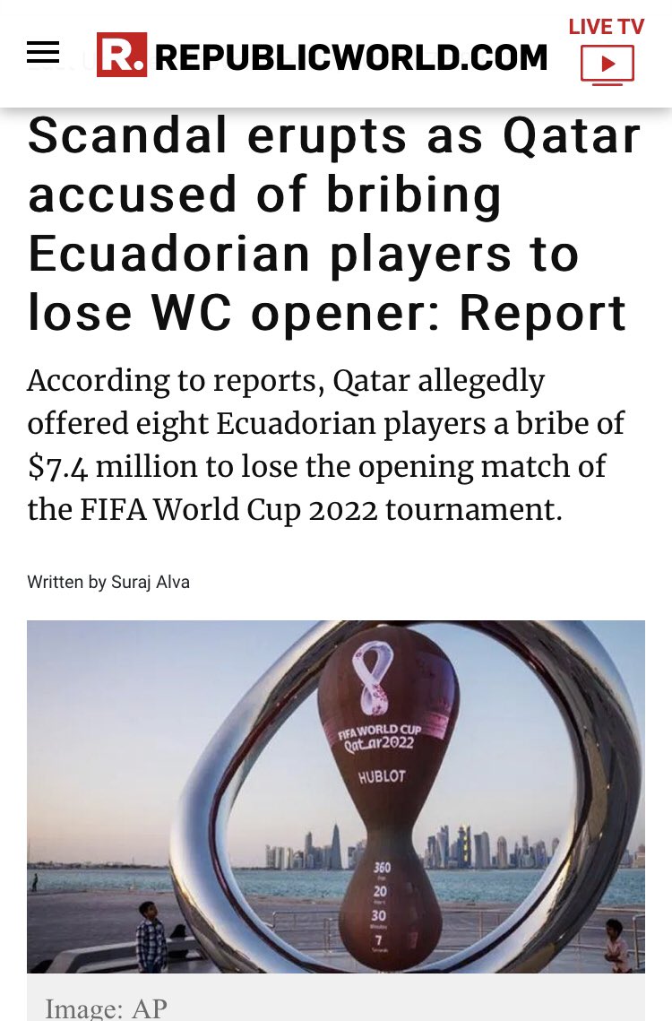arunpudur's tweet photo. #Qatar bribed #FIFAWorldCup officials

Qatar bribed 8 Ecuadorean players to lose their match.

Qatar bribed European Union Parliamentarians to pass laws in favour.

Now Betting agents are riff with rumour that Qatar has bribed officials &amp; players so Islamic #Morroco can win. https://t.co/My2DC4EppI