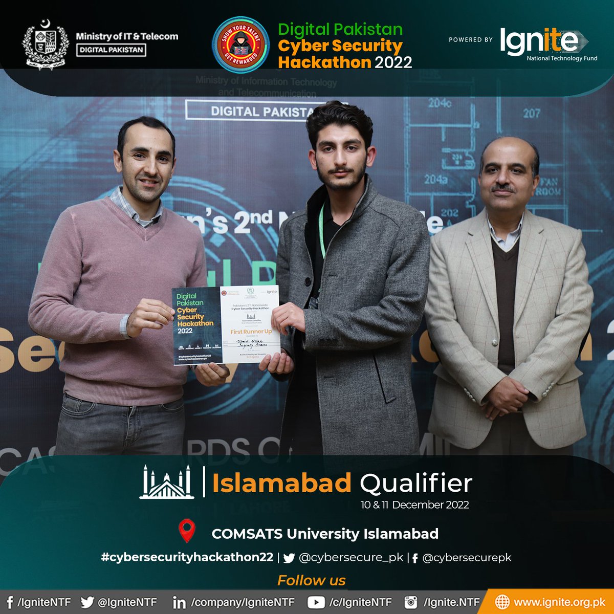 IgniteNTF's tweet photo. Team Infinity Brains - 1st Runner Up of Day 1 #Islamabad qualifier of Digital Pakistan Cybersecurity Hackathon 2022 organized by @IgniteNTF - @MoitOfficial
#MoITT #Ignite #cybersecurityhackathon22 #CSH2022 #IgniteCSH2022 https://t.co/VeMBCZ1VfZ