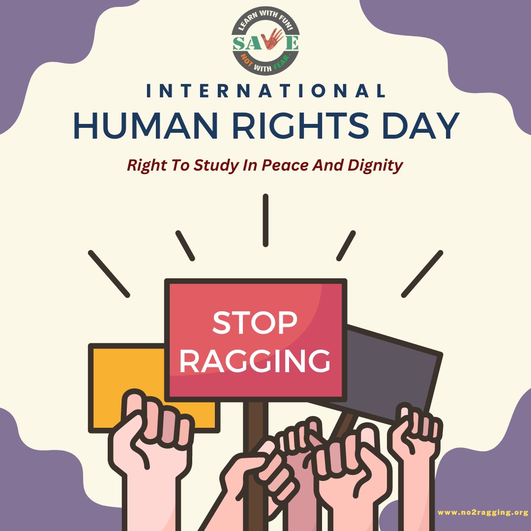 No2Ragging's tweet photo. Act to END RAGGING in Educational Institutions.
.
.
.
International Human Rights Day.

#humanrights #HumanRightsDay #RaggingFreeIndia #SayNO2Ragging https://t.co/ExT5DY2Hev