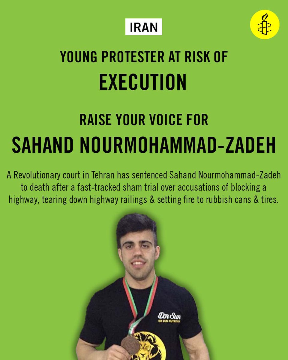 Iranian protester #SahandNourmohammadZadeh has been sentenced to death for allegedly “tearing down highway railings &amp; setting fire to rubbish cans &amp; tires” with the aim of “disrupting peace &amp; confronting the Islamic state”. The court ruled these constitute “enmity against God”.