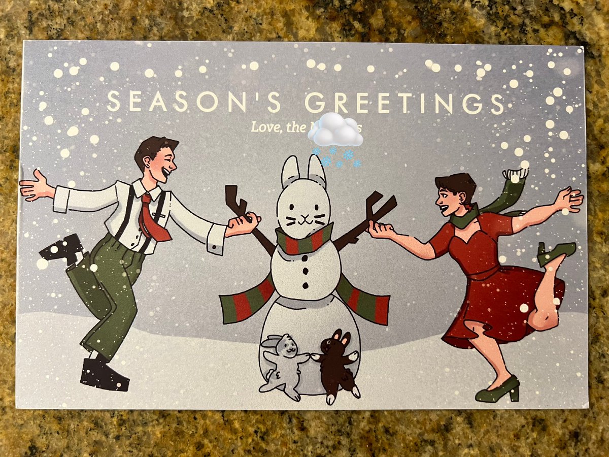 Teresa7277's tweet photo. E’s tutor commissioned her work for the front of her holiday card. Loved that she could capture her and her husband’s personalities, in addition to their two pet rabbits in there too! 🐰🐰☃️ #firstkid https://t.co/44sK6ffIwi