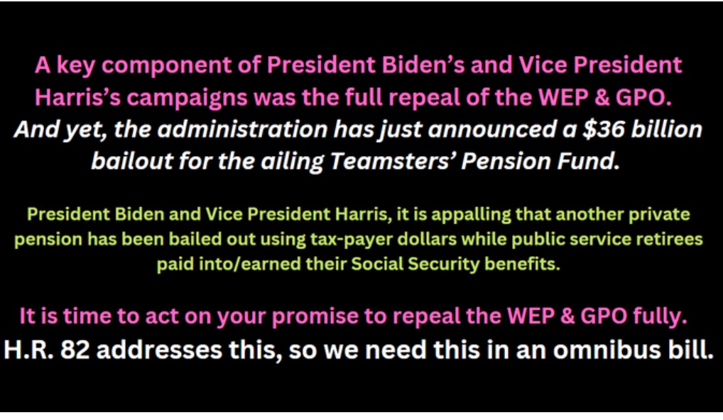 RepealWEP_GPO's tweet photo. What about repealing WEP so that we can get the Social Security we deserve? @POTUS you just spend billions of our tax dollars bailing out private pensions without fixing the Windfall Elimination Provision first. #EliminateWEPGPO #SaveHR82 #HR82OmnibusBill https://t.co/SHOOaHJ1cm