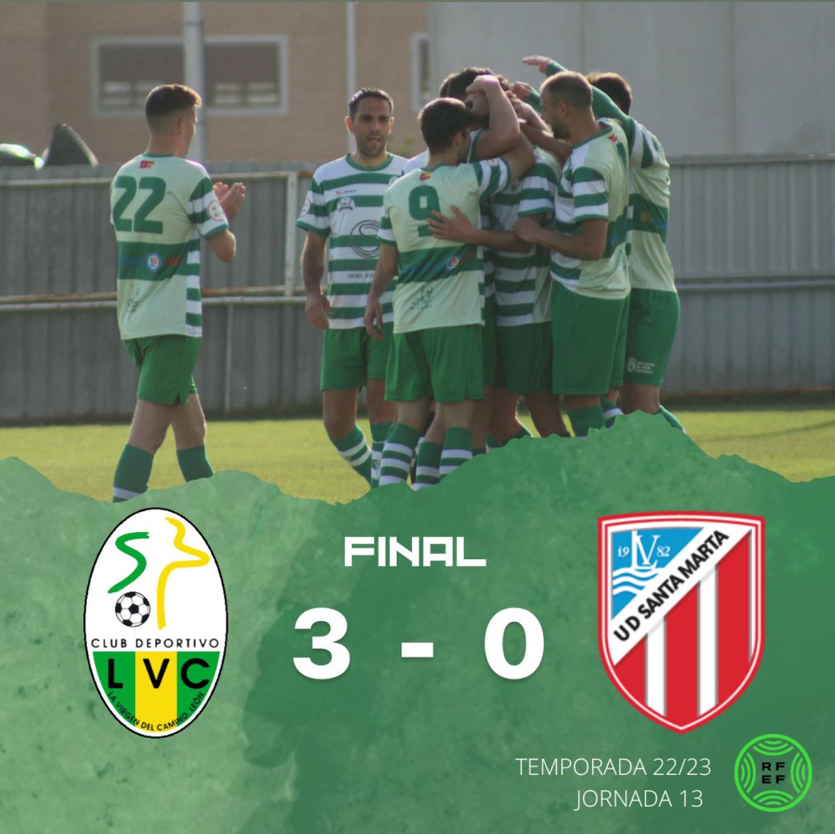 ⏱️ 𝗙𝗜𝗡𝗔𝗟 del encuentro en Los Dominicos. 

<a href="/cdlavirgen/">CD Virgen del Camino</a> // 3️⃣
<a href="/UDSantaMarta/">UD Santa Marta</a> // 0️⃣

#VamosVerdes💚🤍 | #JuntosHacemosElCamino | #LaVirgenSantaMarta