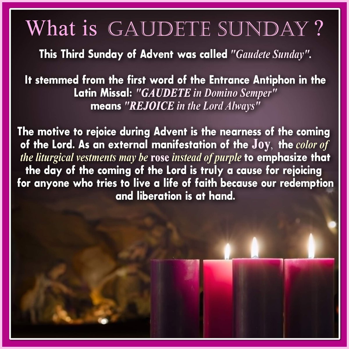 rcamaoc's tweet photo. What is Gaudete Sunday?
#RCAMAOC
#ArchdioceseofManila https://t.co/1cF1lnz2MA