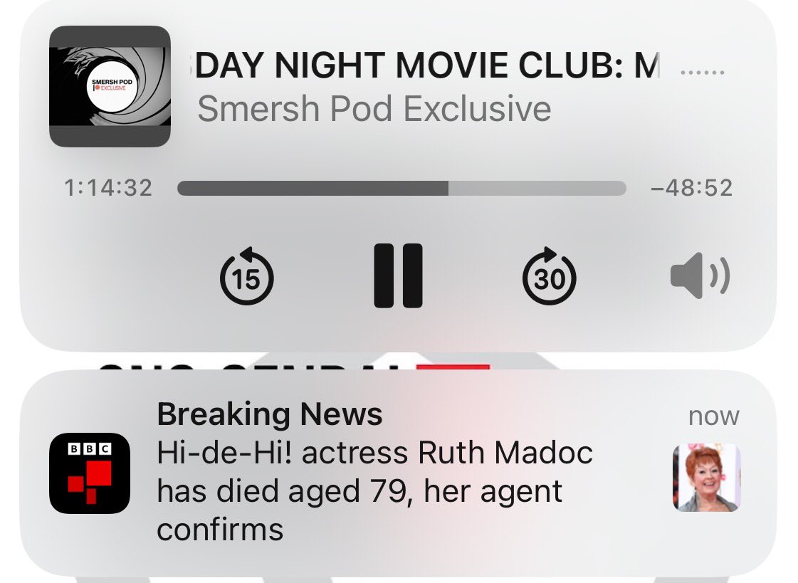 Re-listened to the @SMERSHPOD Morbius episode….merely moments after <a href="/ItsDanThomas/">Dan Thomas</a> spoke of the pleasure of working with Ruth Madoc, this popped up. Off to listen to a Segal episode now.