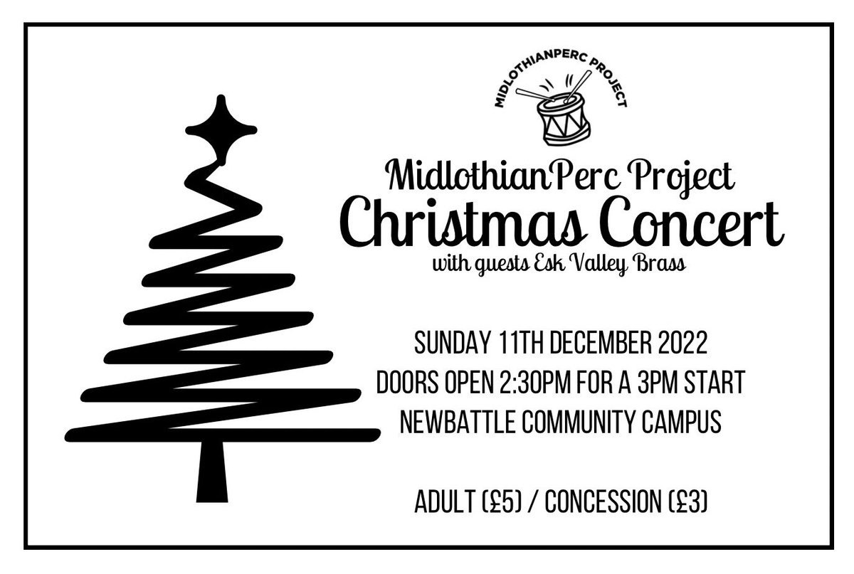 MidlothianPerc's tweet image. It’s the #MidlothianPercProject Christmas Concert tomorrow, Sunday 11th Dec, with our guests, Esk Valley Brass. 
This will be a relaxed cafe style Concert with refreshments, Home Baking for sale, a Raffle &amp;amp; Tombola
Tickets £5 Adults &amp;amp; £3 Conc.

#MidPercTraining &amp;amp; #MidPercEnsemble