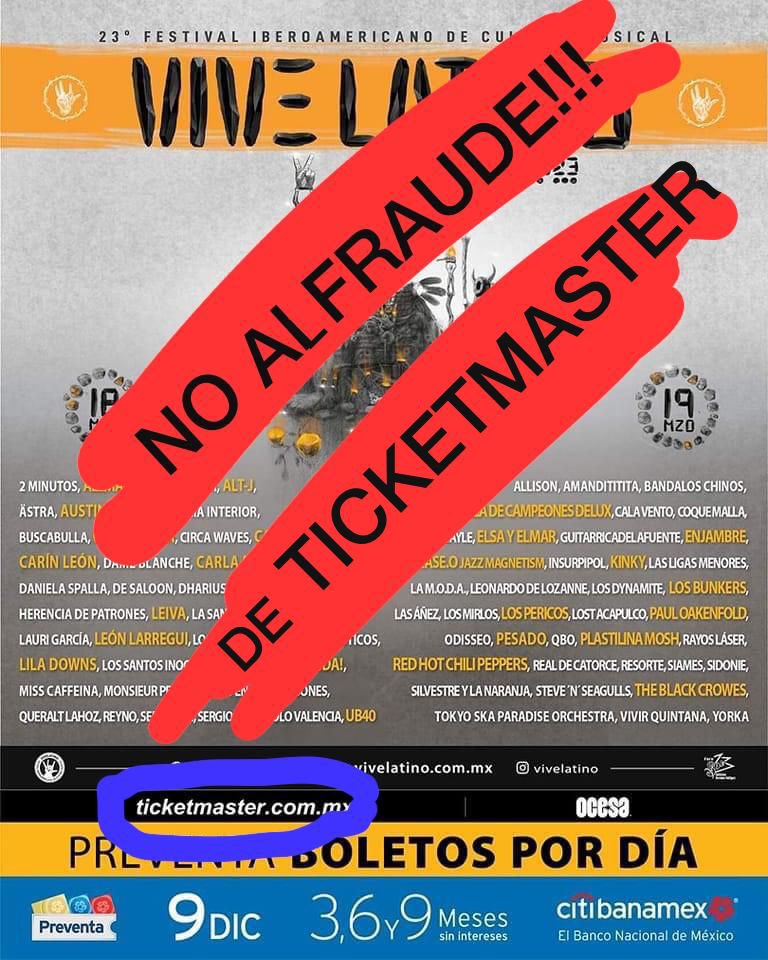 BuscaPorDentroA's tweet photo. @ChumelTorres @Ticketmaster_Me Aguas” por que se viene el @vivelatino y muchos ya hicieron su compra en preventa en @Ticketmaster_Me mejor no se arriesguen a perder su dinero 💰
#NoALaCompraEnTicketmaster https://t.co/R8tcbCaeEM