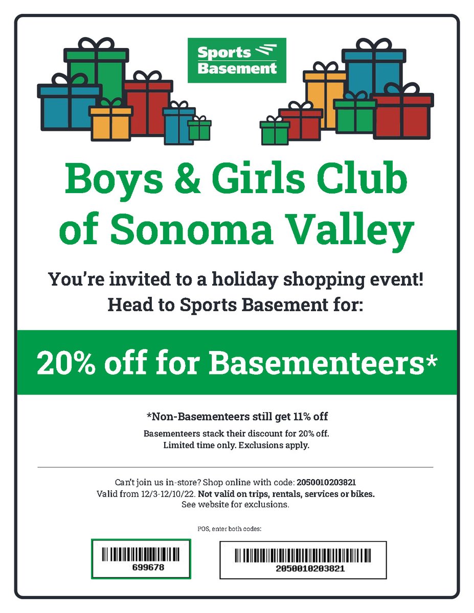 Last chance! Today is the last day to save 20% on purchases at <a href="/SportsBasement/">Sports Basement</a>! Don't miss out!