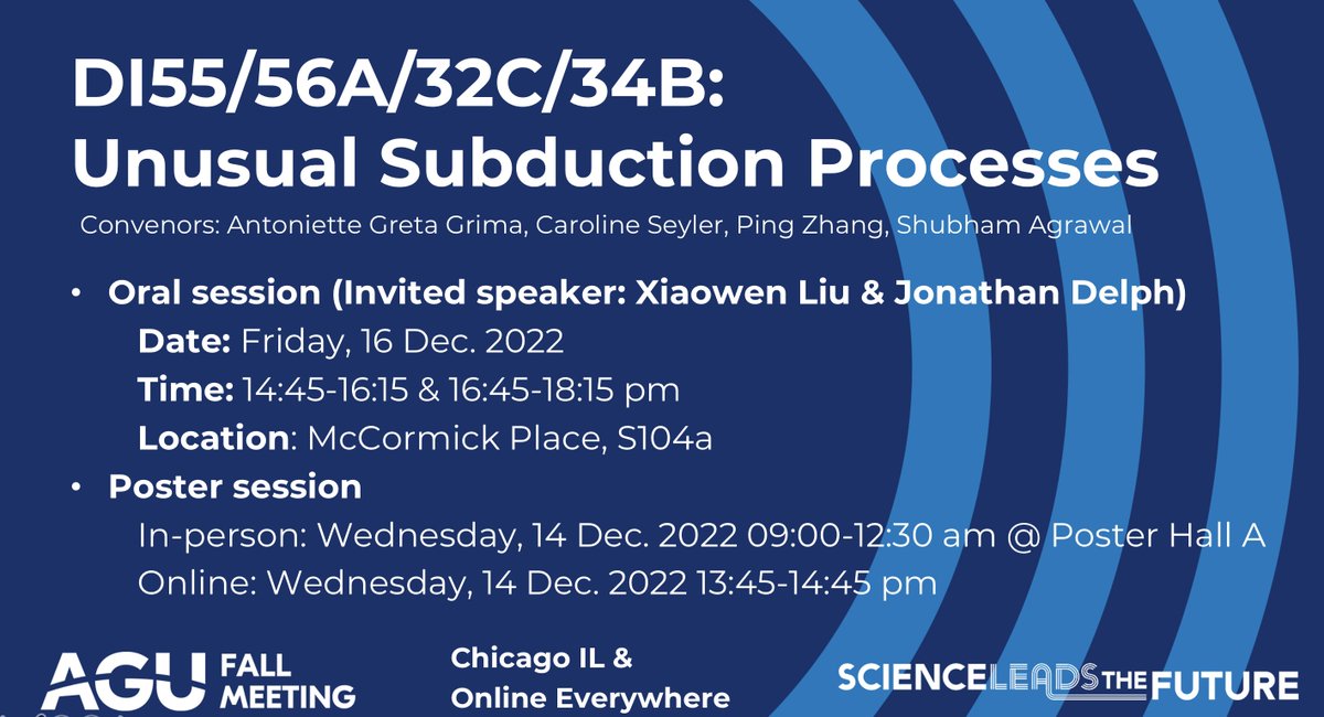Don't miss out on the #AGU22 Unusual Subduction Processes session on Wed &amp; Fri if you are curious about the subduction in Cascadia, Mariana, SE Asia, Mediterrane ... global subduction, slab-flattening/tearing, slab-plum interaction ...
<a href="/Geoniette/">Antoniette Greta Grima</a> @c____sy <a href="/theAGU/">AGU (American Geophysical Union)</a>