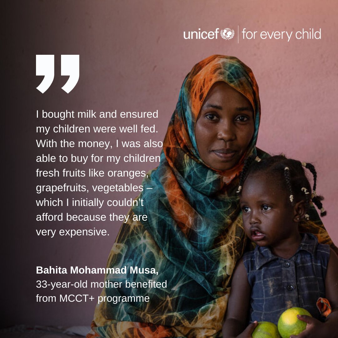 UNICEFSudan's tweet photo. Bahita used cash assistance to provide nutritious meals for her family
#MCCTplus programme contributes to reducing food insecurity & malnutrition & decreases maternal & infant mortality, making sure children #survive & #thrive
The first 1,000 days of a childโs life are crucial! https://t.co/mgwsHZurZL