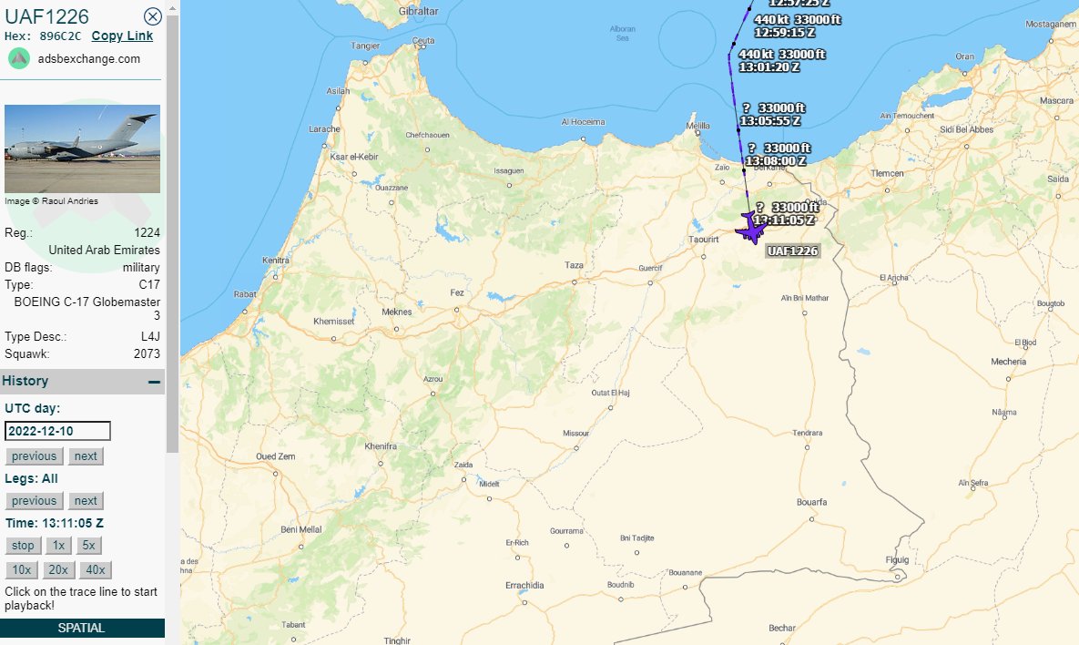 Gerjon_'s tweet photo. Very interesting, UAE Gov aircraft from 🇦🇪Dubai keep flying to 🇲🇦Bouarfa (GMFB) in Morocco today.
Dubai Air Wing 737-800 🇦🇪A6-FZZ #DUB9
Dubai Air Wing 747-400F(!) 🇦🇪A6-GGP #DUB4
UAE Air Force C-17A 🇦🇪1224 #UAF1226
🦅Holiday destination for 🇦🇪House of Maktoum (Dubai Royal Fam)? https://t.co/cCvoNoDOFk