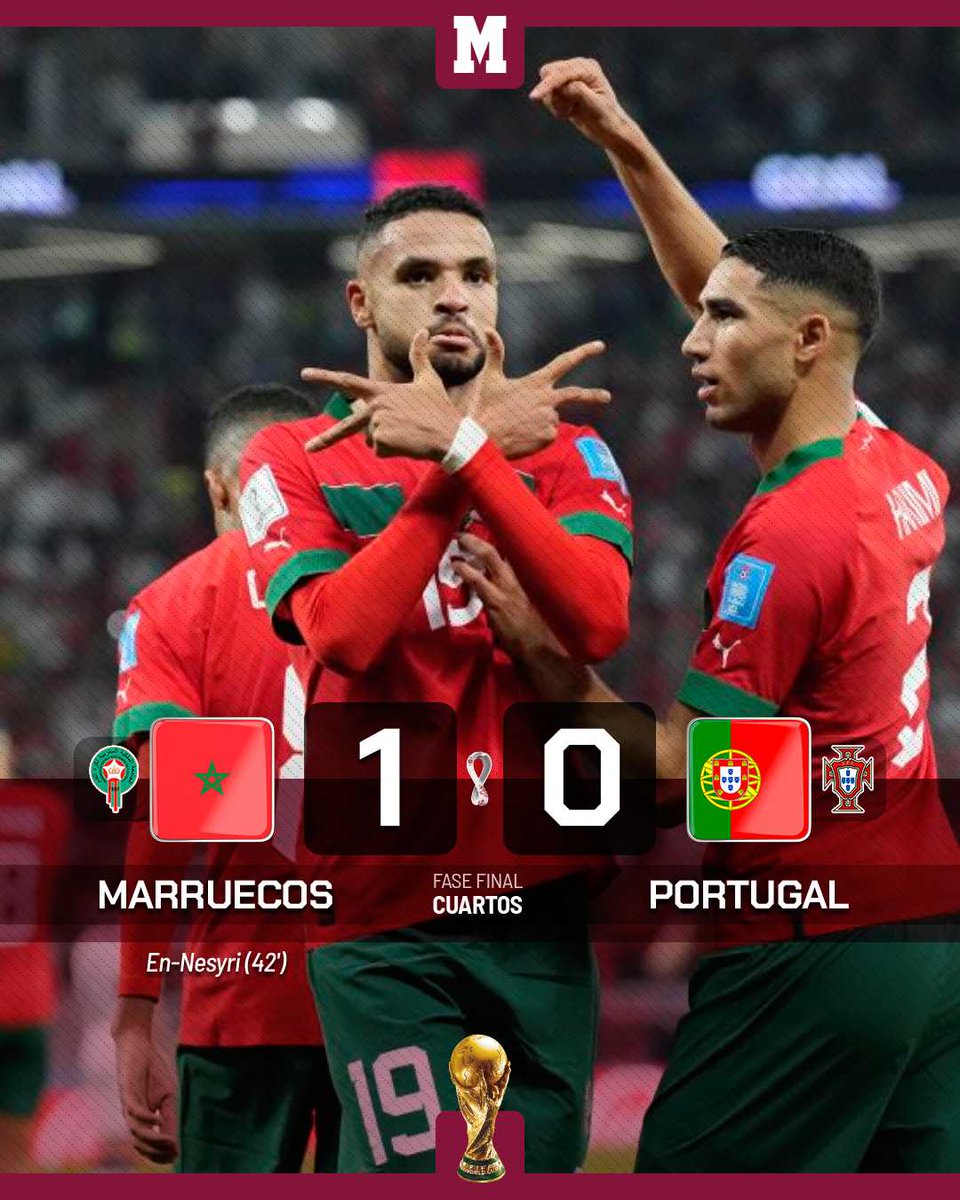 marca's tweet photo. #Qatar2022 #MAR 1-0 #POR 

🚨 Frenó a Croacia, ganó y dejó sin octavos a Bélgica, eliminó a España... ¡y ahora acaba de echar a Portugal de Qatar! 

🤩 Histórica Marruecos: primera selección africana en unas semifinales de un Mundial

https://t.co/sDDdmtvqBq https://t.co/pReehX1gwA