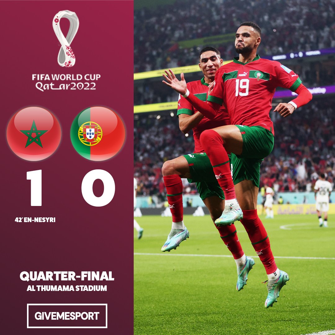 GiveMeSport's tweet photo. 🇲🇦 History makers! Legends! 
🌍 The FIRST African team to reach a World Cup semi-final, where they'll meet #FRA or #ENG!
🥰 The Atlas Lions of #MAR are THE fairytale story of this World Cup!

#Qatar2022 | #FIFAWorldCup https://t.co/DN3Ko1wsLN
