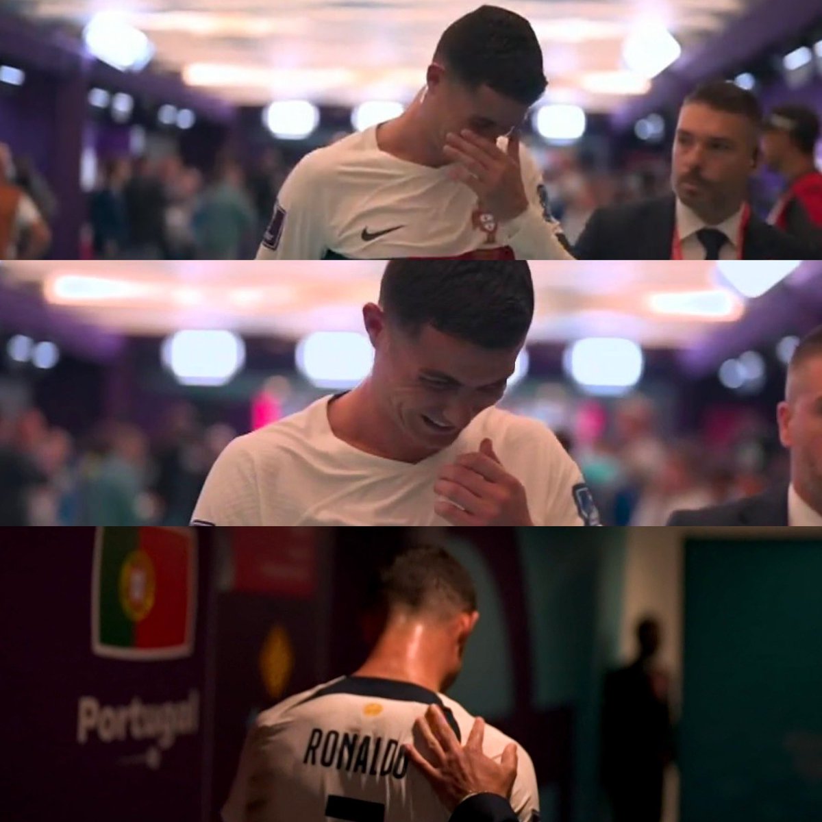 Juezcentral's tweet photo. Termina el partido. Cristiano se va al vestuario llorando, pues sabe que muy seguramente disputó su último Mundial. Fueron 5 Copas del Mundo, anotando en todas ellas. De pie ante uno de los deportistas más grandes de la historia. https://t.co/cRoL6JWCSB