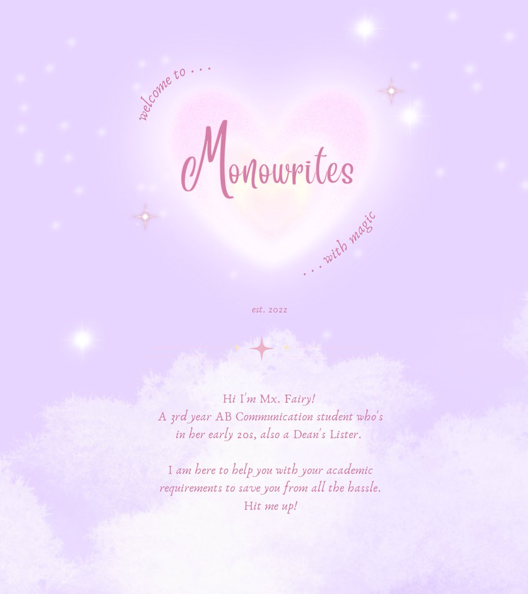 monowrites's tweet photo. welcome to monowrites  ੈ✩‧₊˚

i'm your fairy !! ~ 🧚‍♀️💗 are you having a hard time with your acads? let me sprinkle some fairy dust on your way and *poof* it's all done ✨ 

wanna know more about my magic? check out my comms sheet and let a fairy handle it ✧.* https://t.co/bKCOlQLCSd