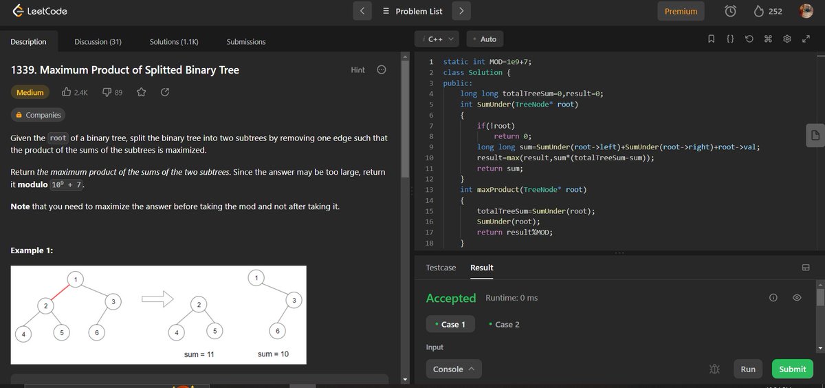 __rajsingh___'s tweet photo. #Day364 of #365daysofcode with 
@scaler_official

Maximum Product of Splitted Binary Tree
#scalerlearning
#scalerdiscord 

#100daysofcode #DSAwithKunal  #the404code https://t.co/akZCheeJ0n