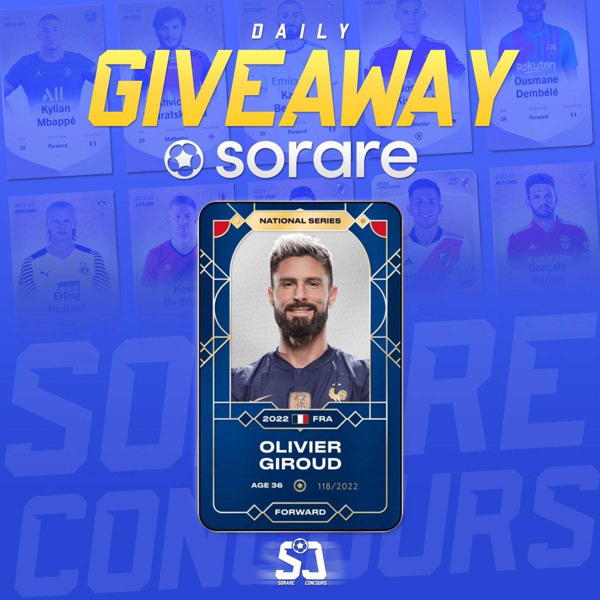 _CaptainHODL's tweet photo. 🎁 CONCOURS 🎁

 À GAGNER : OLIVIER GIROUD + MAILLOT DE L'ÉQUIPE DE FRANCE 🇨🇵 

Conditions pour participer : 

- Follow @SorareConcours et @Golmunioes
- Retweet ♻️
- Like ♥️

Fin du concours  11/12 à 20h00

#Giveaway #Concours #football #NFT #MAROC #crypto #ANGFRA #Mbappé #Giroud https://t.co/Dk4XZTk6dK