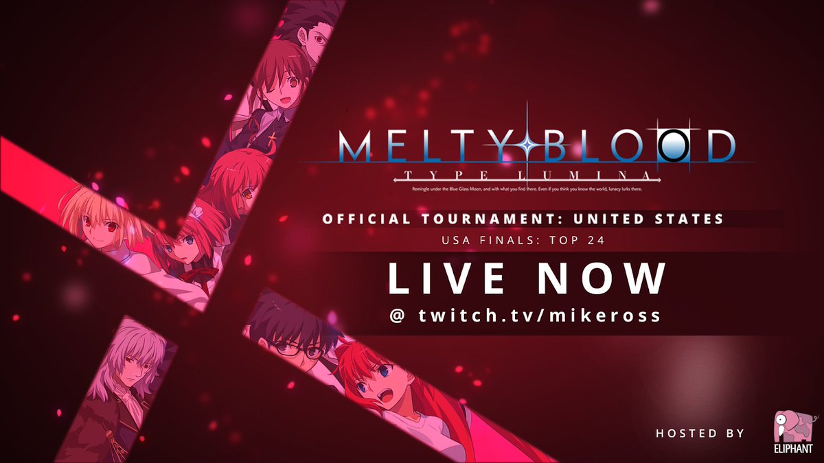 EliphantCo's tweet photo. We're now live with the Official Melty Blood Type Lumina US Finals!

Today our 24 qualifying players are going to battle it out to secure their spot in Top 8, one step closer to becoming the USA Champion!

Catch all the action over at https://t.co/ITM5OH7LtK
 
#MBTL #FGC https://t.co/4848G6NUJI