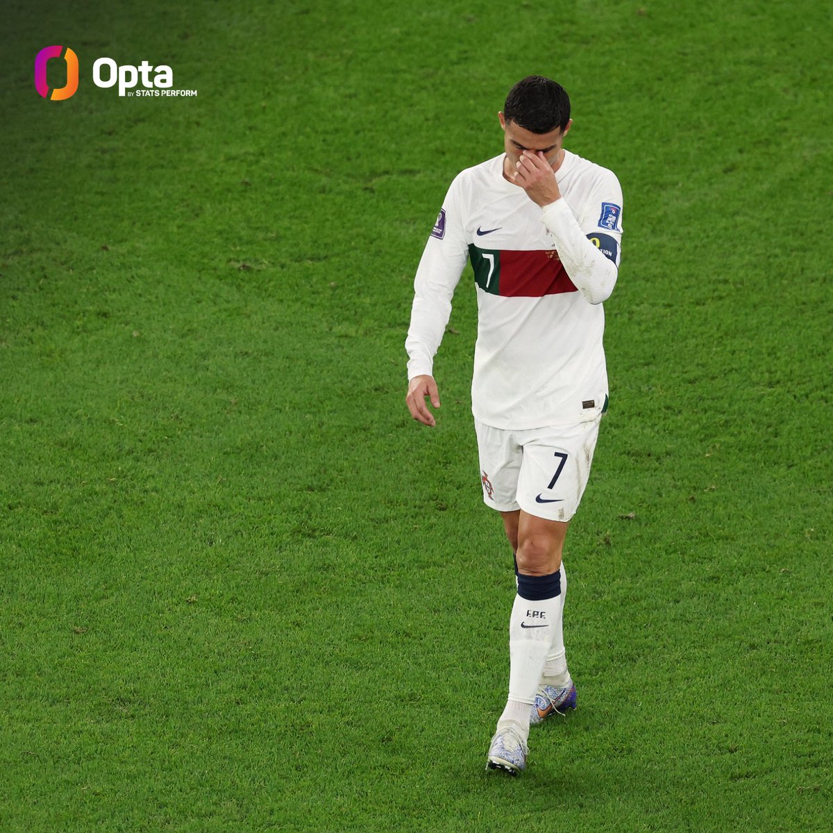 0 - Cristiano Ronaldo has failed to score in all eight of his knockout stage appearances at the World Cup (inc. third place play-off), going 570 minutes without scoring and taking 27 shots in the process. Exit.