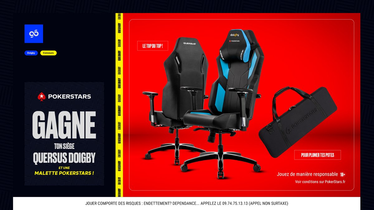 🎁 CONCOURS

Ça sent bon les fêtes de fin d'année alors à gagner : une chaise Quersus + une malette complète de Poker pour plumer vos potes ♠

👉 Follow <a href="/Doigby/">Doigby</a> &amp; <a href="/PokerStarsFR/">PokerStarsFR 🔞</a>
👉 RT &amp; Like
TAS le 15/12