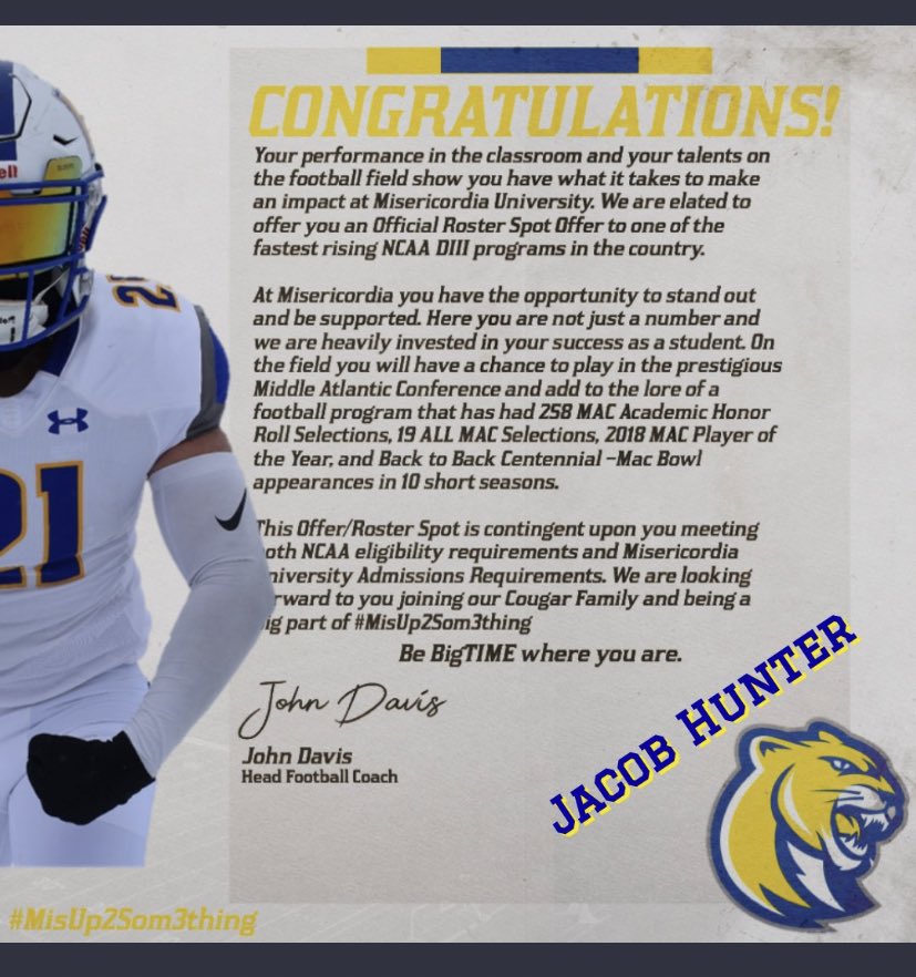 JacobHunter108's tweet photo. After a great visit I have been blessed to receive my first offer from Misericordia university #MISUP2SOM3THING https://t.co/ur2V5Dw3TM