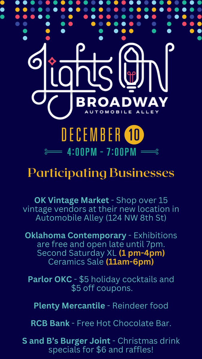 AutoAlleyOKC's tweet photo. Join us this evening from 4pm-7pm in Automobile Alley for our final installment of Lights On Broadway! Come take in the lights, special programming, and the holiday open houses from our #autoalley shops! Free &amp; open to the public! https://t.co/tcQUhPHmiF