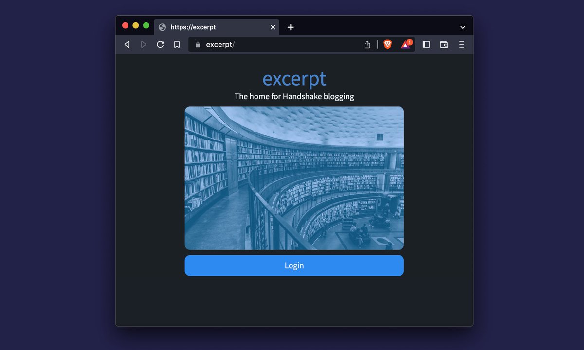 DotTheShake's tweet photo. Introducing Excerpt — The home for Handshake blogging. A peer-to-peer writing tool from The Shake and @eskimo_dev. 

https://excerpt/ https://t.co/8NGQ0W4hMw