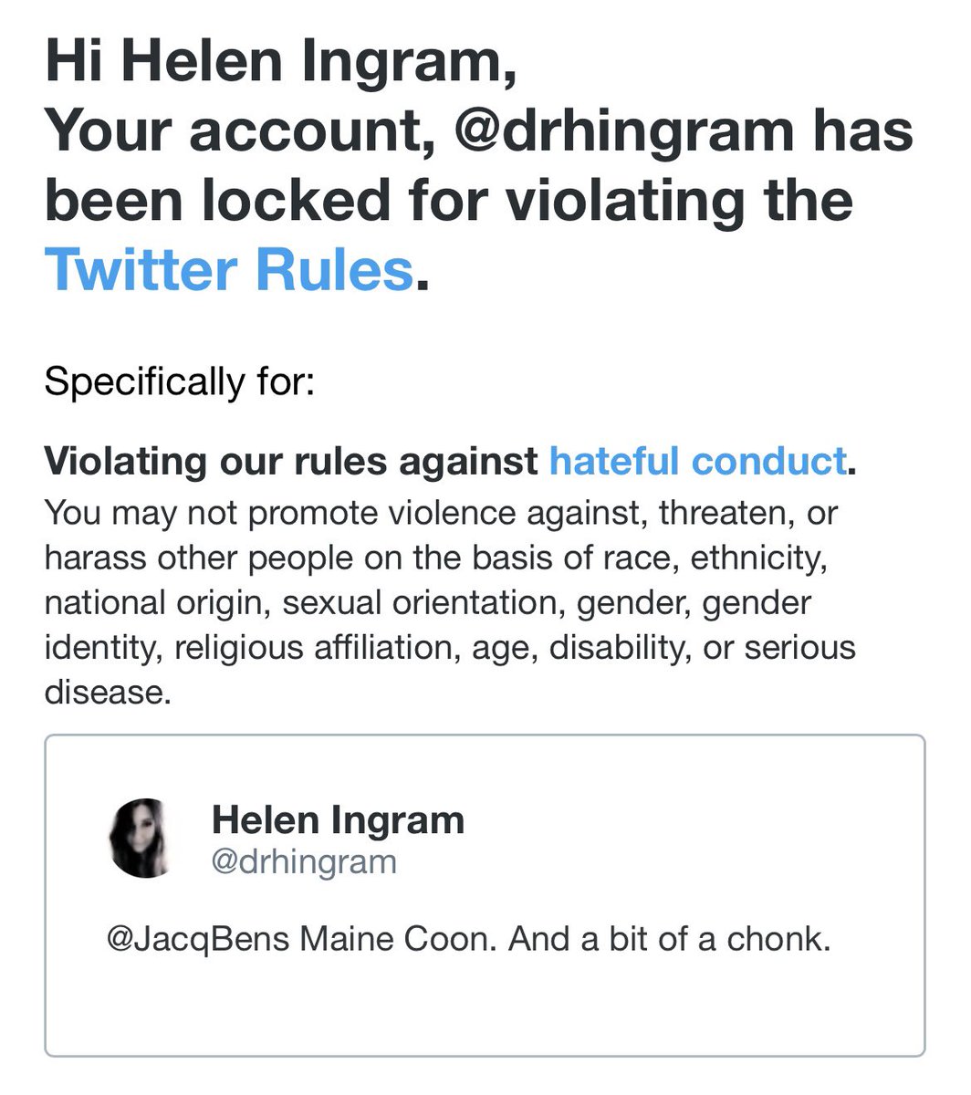 drhingram's tweet image. So @Twitter suspended my account for hate speech because I said that my cat is fat. And they rejected my appeal. Is my cat working for you @elonmusk? (And how do I refer to his breed in future?)