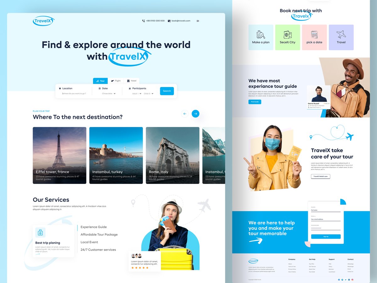TravelX | Landing Page Design 

Click for more details :
lnkd.in/gA3_btNn

#uxdesign  #uidesign  #landingpage #figma #travelagency #travel  #travelapp #tour #tourism #uidesigners #agency #designer #freelancedesigner #uxui #FIFAWorldCup #Portugal #Argentina #Brazil #Messi𓃵