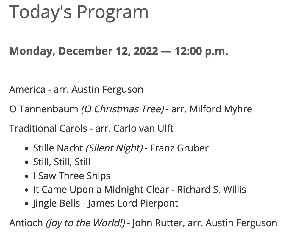 A few special things today in #RochMN - a #carillon recital at noon (note the different time!) with traditional carols, and then, at about 2:15, a performance by Molei Zhang, a former student carillonneur from UT Austin (<a href="/TexasCarillon/">UT Bells</a>)!