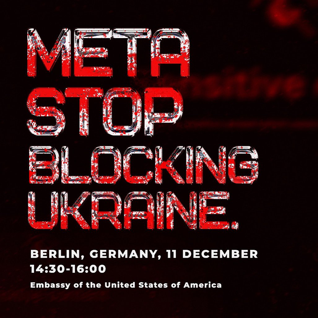 AlinaAnd_'s tweet photo. Завтра 11 грудня в Берліні відбудеться демонстрація Meta Stop Blocking Ukraine біля Американського Посольства.
Прошу поширення!
#metastopblockingukraine #stopblockingukraine https://t.co/xiZbaZkBP9