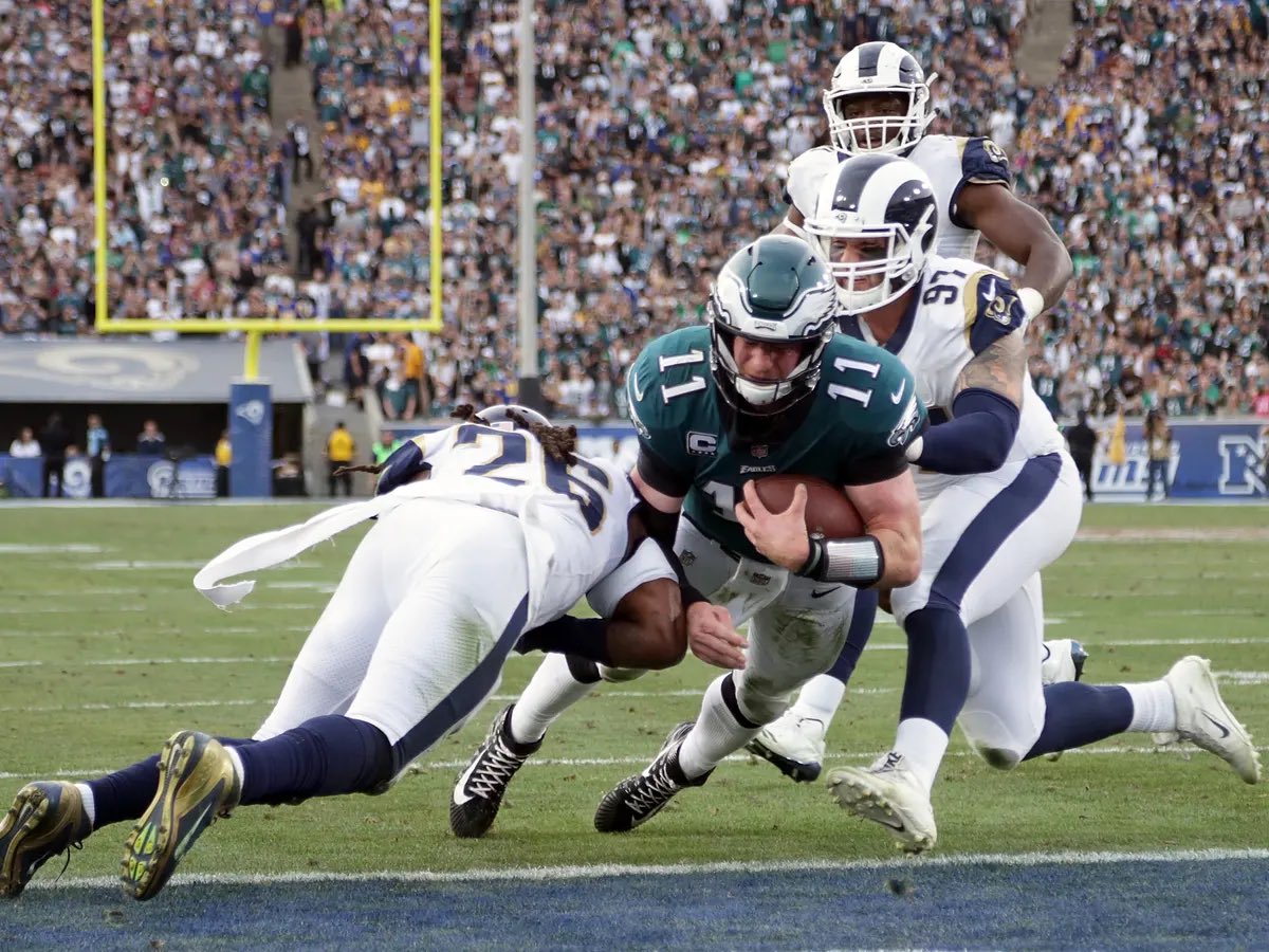 PHLEaglesNation's tweet photo. 5 Years Ago Today: The #Eagles and their fans takeover LA to win 43-35 and clinch the NFC East crown. Carson Wentz throws for 291 and 4 TDs, but ultimately would be lost for the season. On a day of pure joy for fans, a lot of worry was in the air. https://t.co/lkxotEBezy