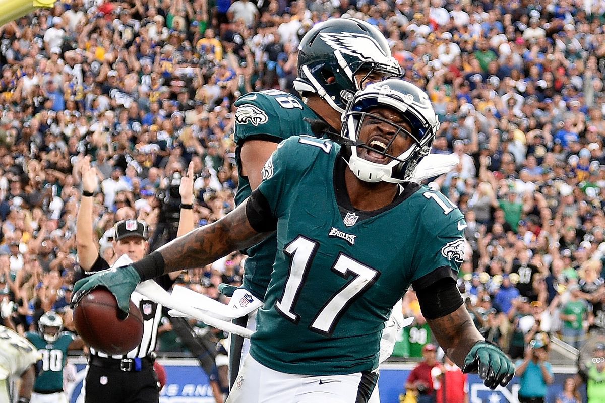 PHLEaglesNation's tweet photo. 5 Years Ago Today: The #Eagles and their fans takeover LA to win 43-35 and clinch the NFC East crown. Carson Wentz throws for 291 and 4 TDs, but ultimately would be lost for the season. On a day of pure joy for fans, a lot of worry was in the air. https://t.co/lkxotEBezy