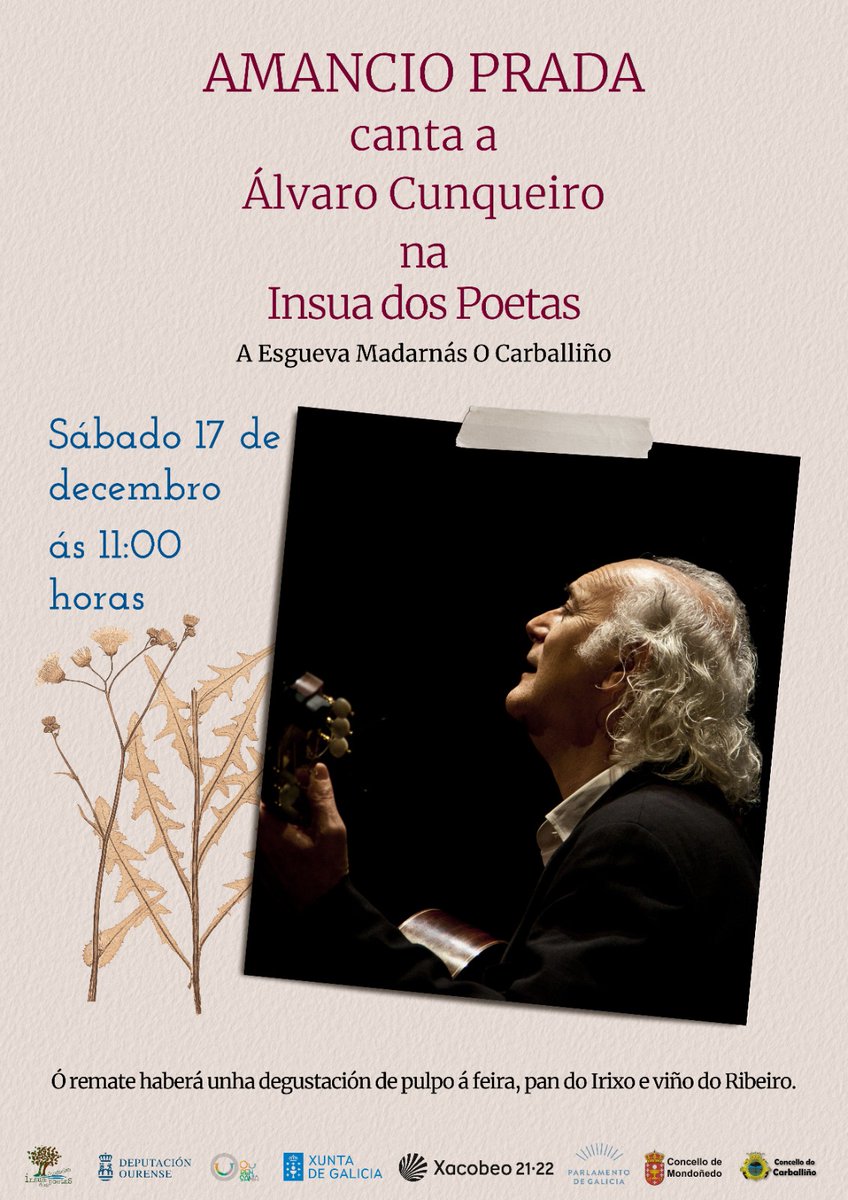 O sábado, 17/12, na <a href="/insuadospoetas/">Insua dos Poetas</a> celebraremos o 111 aniversario do nacemento de Álvaro Cunqueiro, develaremos unha peza escultórica alusiva á homenaxe e contaremos coa actuación de <a href="/Amancio_Prada/">Amancio Prada</a>. 
Estades todxs convidadxs!!! A entrada é libre!
