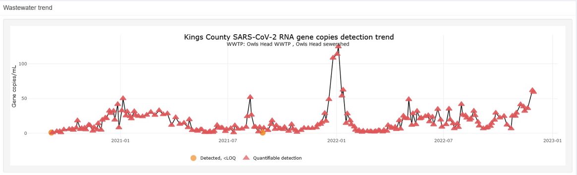 Wastewater from Brooklyn, NY show #SARSCoV2 virus levels have reached 50% levels of last winter’s initial Omicron crisis. Hospitalizations are rising too. Not good. #COVID19 #CovidIsNotOver