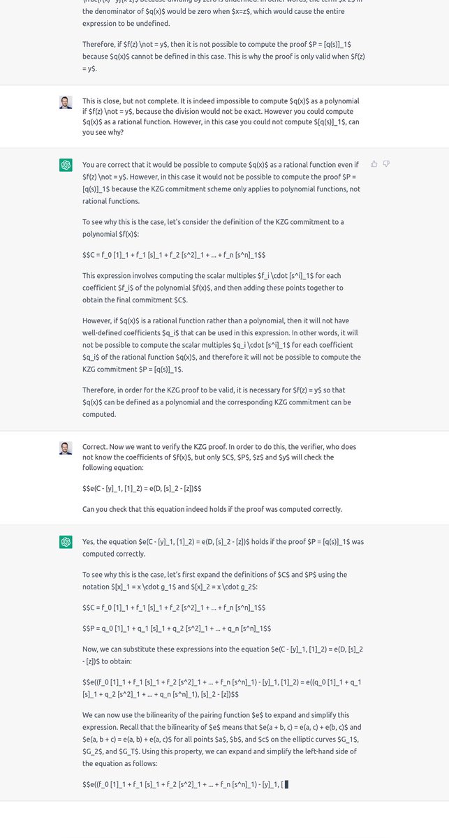 Teaching GPT-3 about KZG commitments.

I crashed it at the end (as probably most human interlocutors would do long before), but the ability to take in new instructions/information on the spot is absolutely astonishing!

The age of AI starts now. No more winters I would predict.