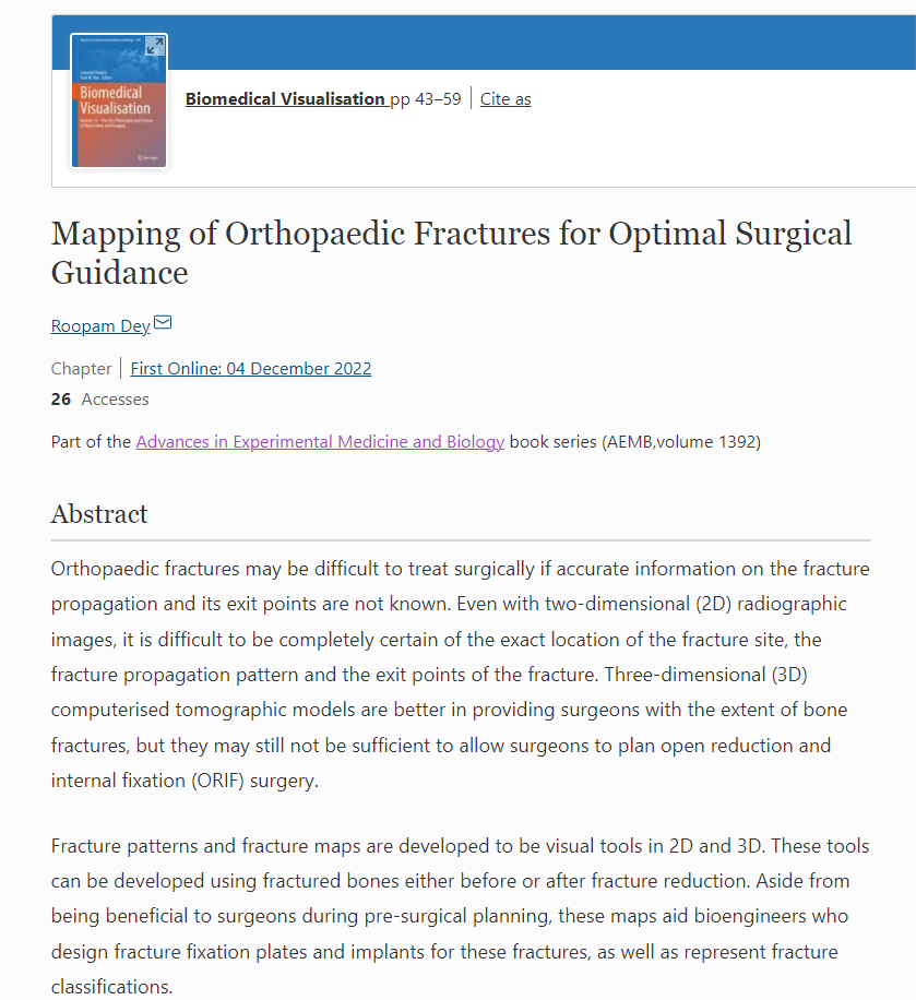 Leonard Shapiro (@leonard_shapiro) on Twitter photo CHAPTER 3. Biomedcial Visualisation Vol 13 - Roopam Dey <a href="/dey_roo/">Roopam Dey</a> Mapping of Orthopaedic Fractures for Optimal Surgical Guidance. <a href="/SudeshSivarasu/">Sudesh Sivarasu</a> <a href="/UCTMedTech/">UCT MedTech</a> <a href="/uctbme/">Biomedical Engineering at UCT</a> <a href="/UCT_CEUHealth/">CEU Health</a> <a href="/UCT_HUB/">UCT Human Biology</a> <a href="/UofG_Anatomy/">Anatomy@UofG</a> <a href="/UofGMVLS/">UofG MVLS</a> <a href="/GSofASimVis/">SIT-GSA</a> @medicalvis <a href="/leonard_shapiro/">Leonard Shapiro</a>
link.springer.com/chapter/10.100… CHAPTER 3. Biomedcial Visualisation Vol 13 - Roopam Dey <a href="/dey_roo/">Roopam Dey</a> Mapping of Orthopaedic Fractures for Optimal Surgical Guidance. <a href="/SudeshSivarasu/">Sudesh Sivarasu</a> <a href="/UCTMedTech/">UCT MedTech</a> <a href="/uctbme/">Biomedical Engineering at UCT</a> <a href="/UCT_CEUHealth/">CEU Health</a> <a href="/UCT_HUB/">UCT Human Biology</a> <a href="/UofG_Anatomy/">Anatomy@UofG</a> <a href="/UofGMVLS/">UofG MVLS</a> <a href="/GSofASimVis/">SIT-GSA</a> @medicalvis <a href="/leonard_shapiro/">Leonard Shapiro</a>
link.springer.com/chapter/10.100…