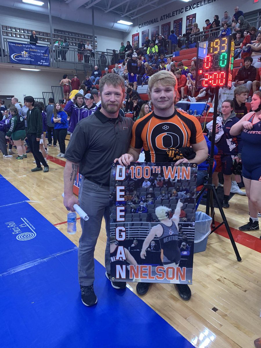 BEAwrestling's tweet photo. BREAKING NEWS: Deegan Nelson has won his 100th match by pin. Congratulations Deegan!!!!! #100wins #orangemenwrestling @NEBwrestle @DeeganNelson2 https://t.co/h0pA43t07J