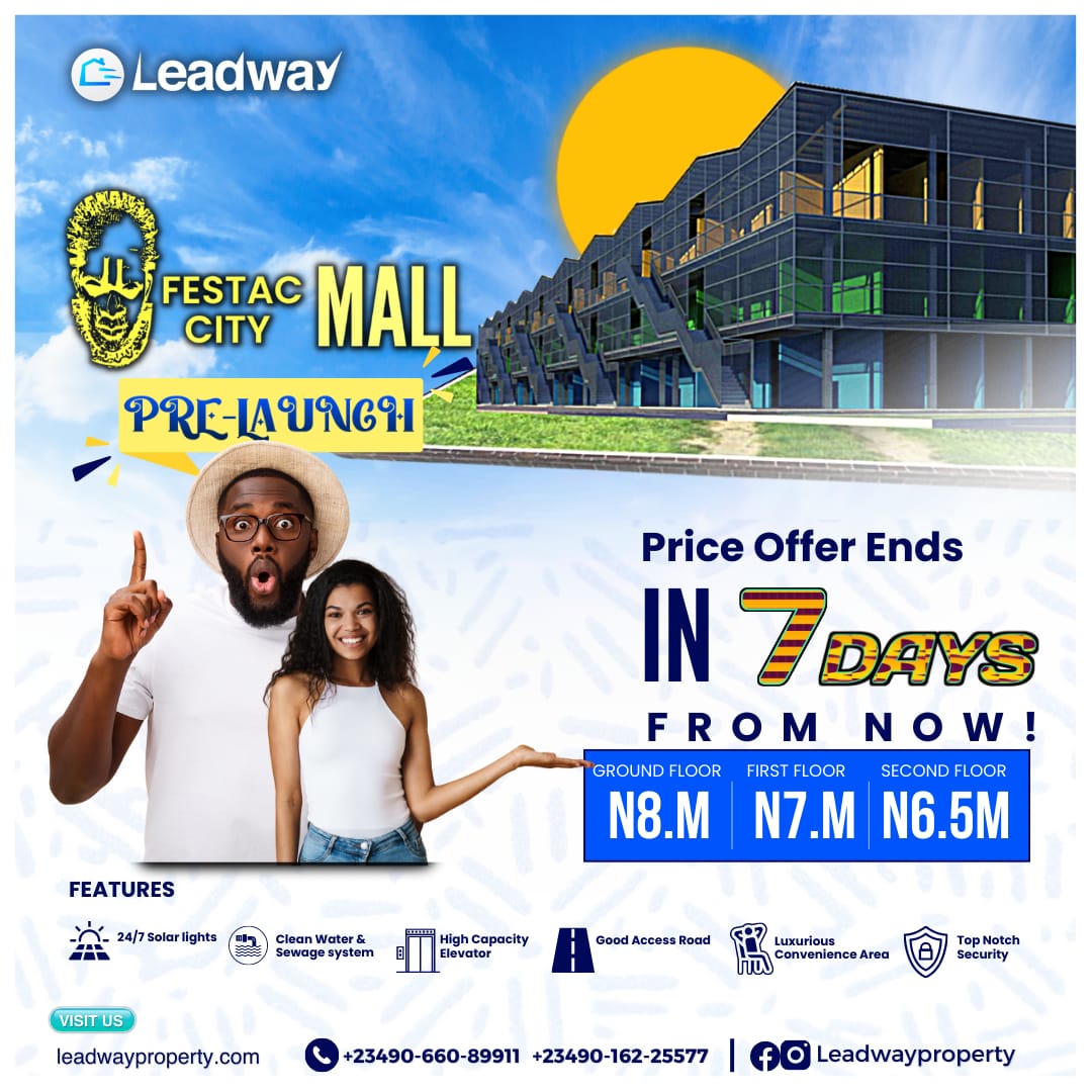 LeadwayProperty's tweet photo. Don't forget
To enjoy this promo
Pay 20% initial deposit to key in.
You also enjoy the opportunity to complete payment within 6 - 12 months.
For Enquires
Call/Whatsapp 09066089911,09016225577
#LeadwayProperty #InstantAllocation #FestacCityMall https://t.co/AYtGSWgLQH