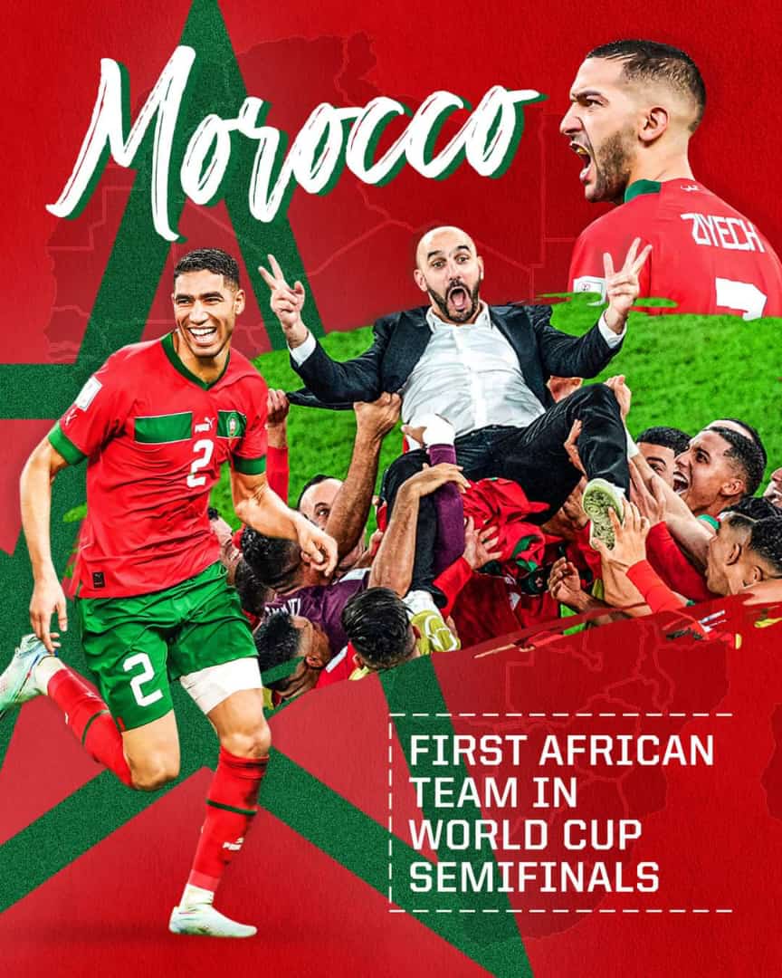 Muhanad348's tweet photo. Morocco becomes the first ever African team to reach World Cup Semi-finals. Congratulations https://t.co/HHM4r7GIvU