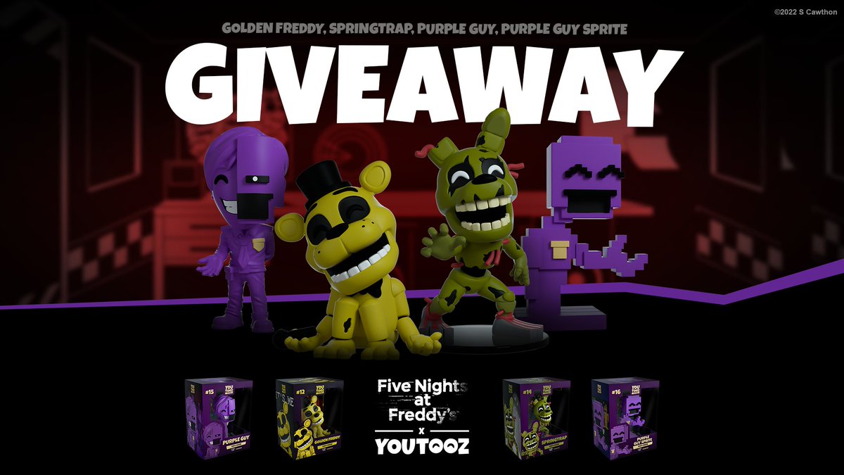 fnaf youtooz collection giveaway 💜 🔁 for springtrap 💟 for golden freddy 📝 comment 'purple guy' for both purple figures 😈 5 winners for each figure announced tuesday!