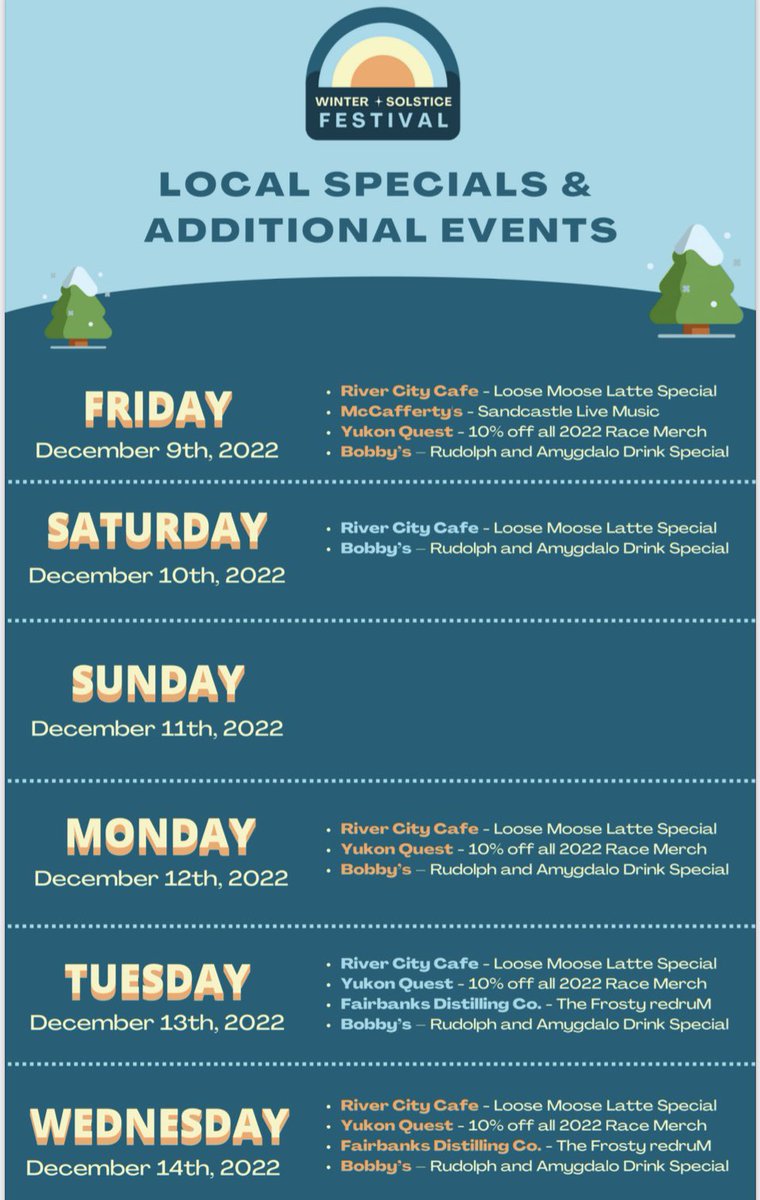 AKDragonflyDad's tweet photo. Fairbanks Winter Solstice!
Here are some deals happening in town this week for the Festival.  
Know of someplace or want to get added to the list? Contact me directly! https://t.co/cKUbDshQeu