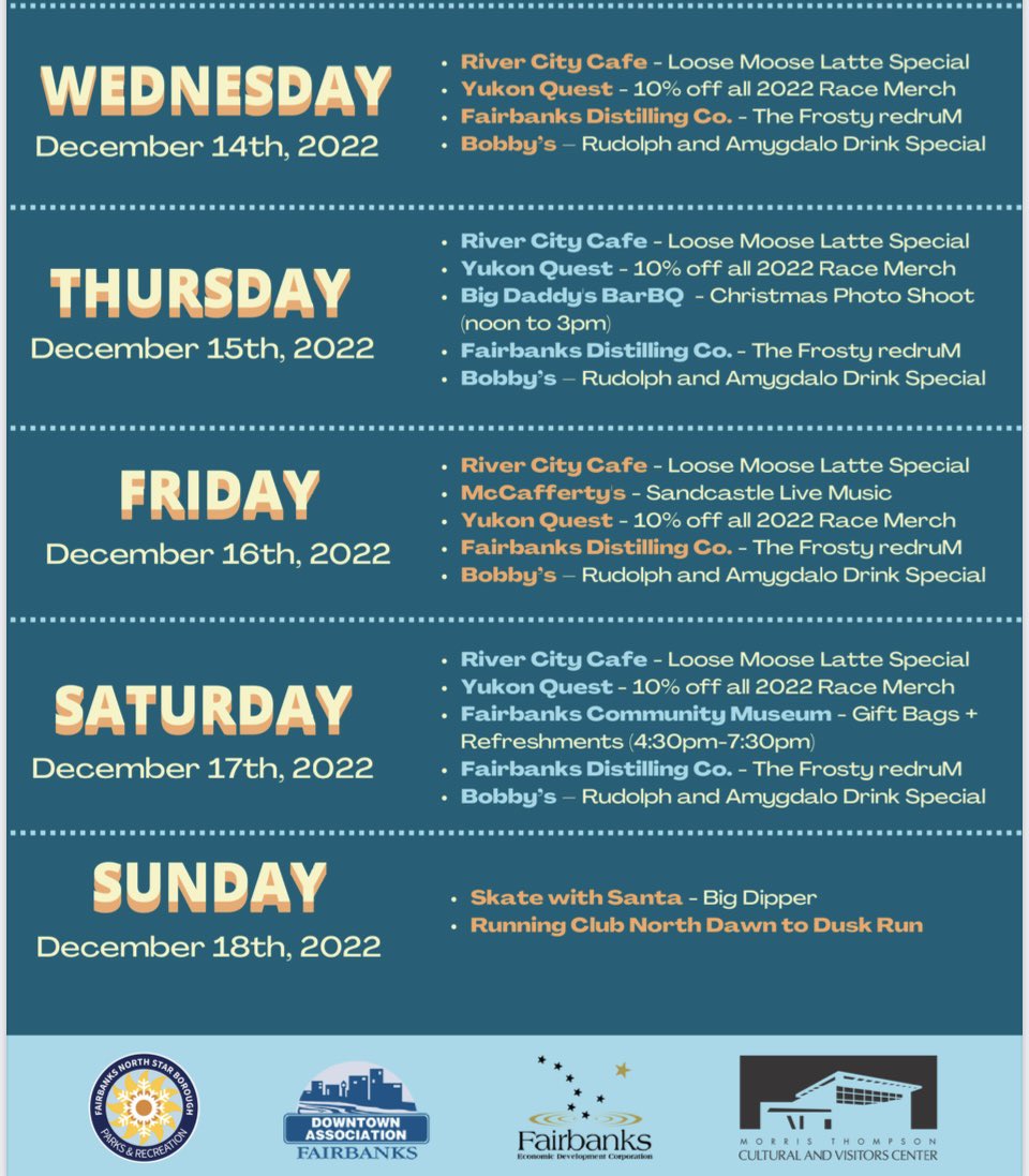 AKDragonflyDad's tweet photo. Fairbanks Winter Solstice!
Here are some deals happening in town this week for the Festival.  
Know of someplace or want to get added to the list? Contact me directly! https://t.co/cKUbDshQeu