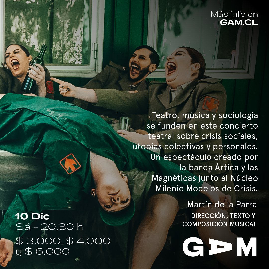 centroGAM's tweet photo. #ConciertoTeatral🎭🎶 Teatro, música y sociología se funden con crisis sociales, utopías colectivas y personales. Un espectáculo creado por la banda Ártica❄️ y las Magnéticas🧲 junto al Núcleo Milenio Modelos de Crisis.
#UtopíasDemodé🤩
+ info>> https://t.co/6gNweb1M65 https://t.co/sCVvI8oIjj