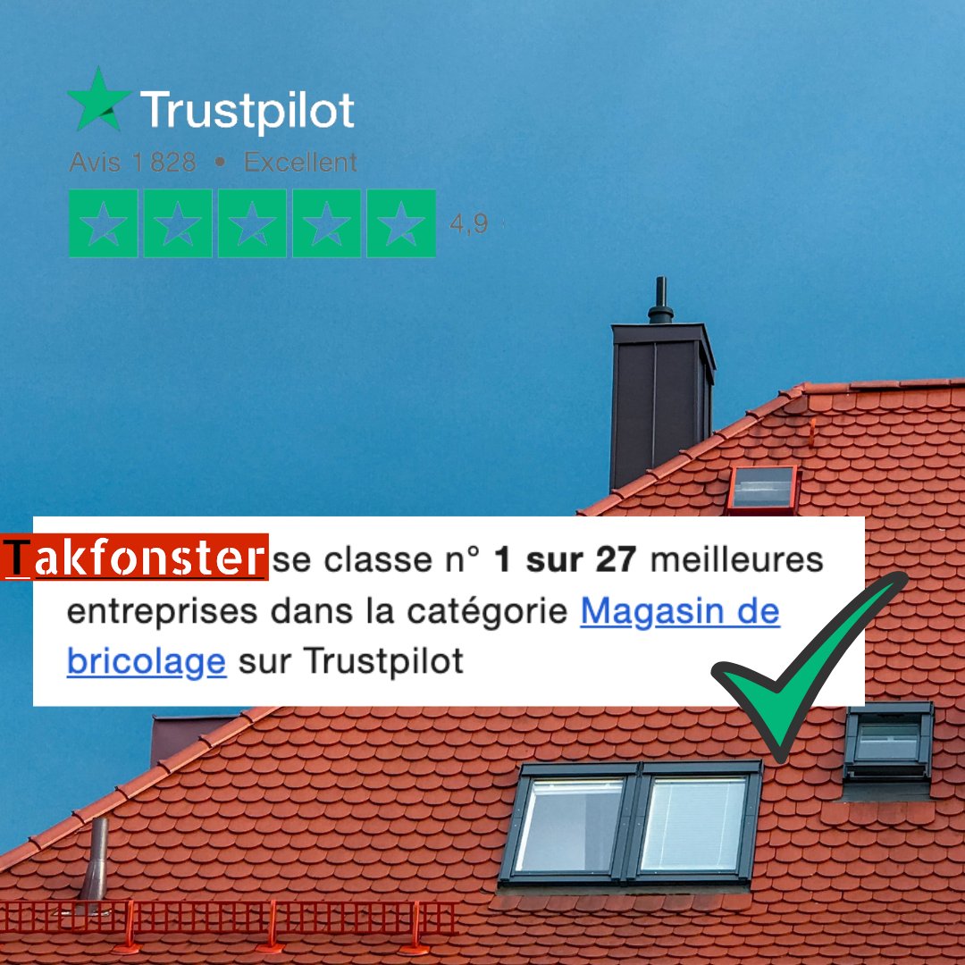 takfonster's tweet photo. Avec + de 1820 avis et une note moyenne de 4,9/5, TAKFONSTER se classe n° 1 🥇 des meilleures entreprises dans la catégorie Magasin de bricolage sur Trustpilot ! Merci pour tous vos retours positifs ! 🥰

#magasinbricolage #bricolage #magasinvelux #fenetredetoit #bricolagetoiture https://t.co/c2ULCOTfzw